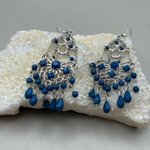 Elegant Statement Boho Blue and Silver Chandelier Dangle Earrings